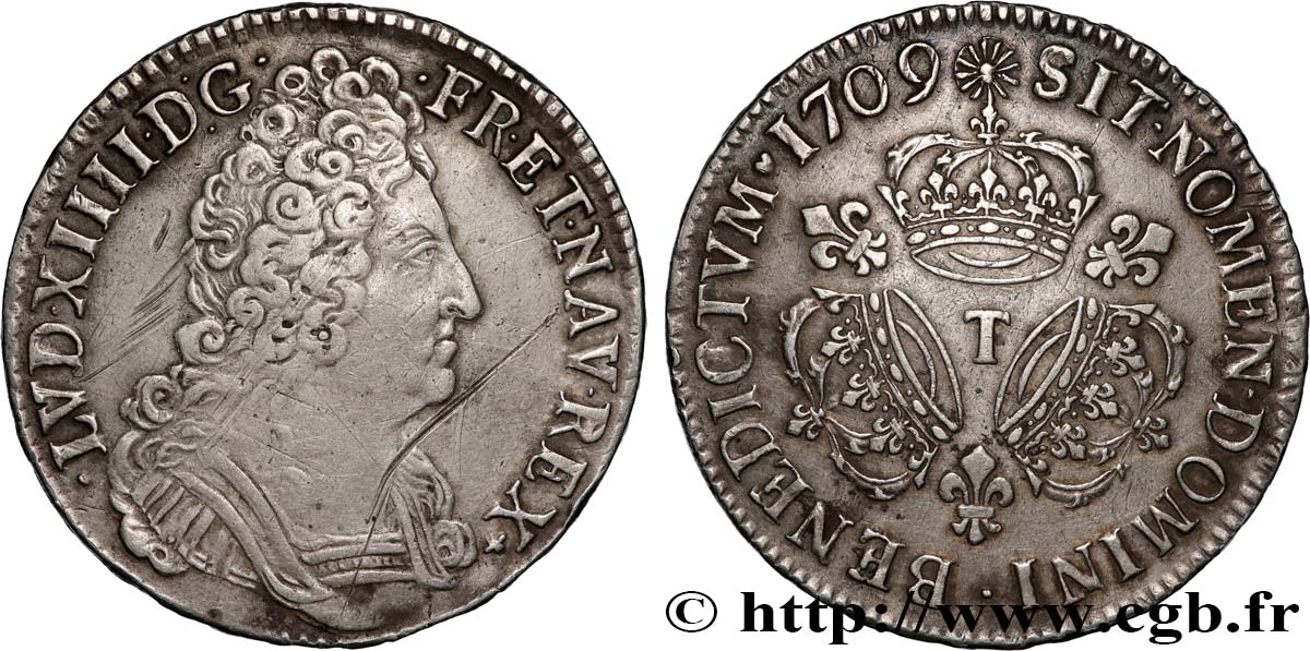 LOUIS XIV  THE SUN KING  Écu aux trois couronnes 1709 Nantes XF/AU