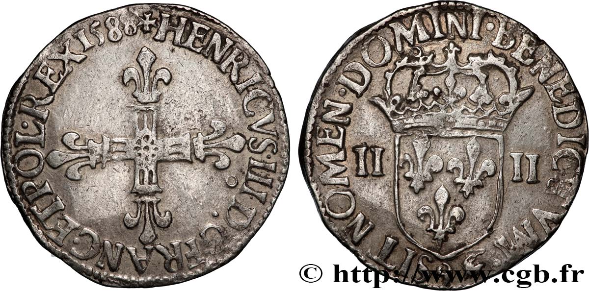 HENRI III Quart d écu, croix de face 1588 Rennes TTB+