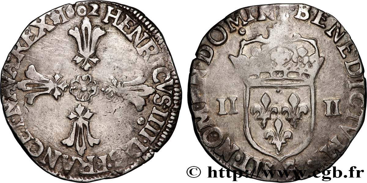 HENRI IV LE GRAND Quart d écu, croix feuillue de face 1602 Rennes TTB/TB+