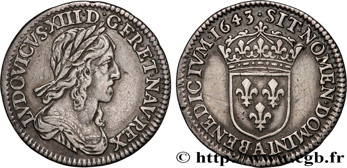 LOUIS XIII LE JUSTE Douzième d écu, buste drapé et cuirassé (2e buste de Jean Warin) 1643 Paris, Monnaie du Louvre TTB+