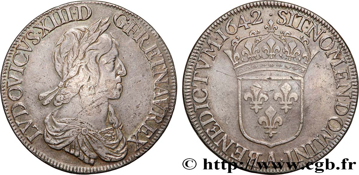 LOUIS XIII LE JUSTE Écu, buste drapé et cuirassé (2e buste de Jean Warin) 1642 Paris, Monnaie du Louvre TB+/TTB