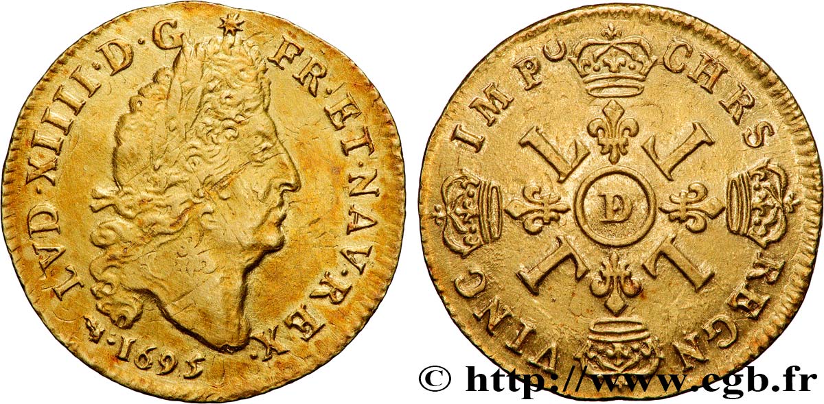 LOUIS XIV  THE SUN KING  Louis d or aux quatre L 1695 Lyon AU/AU