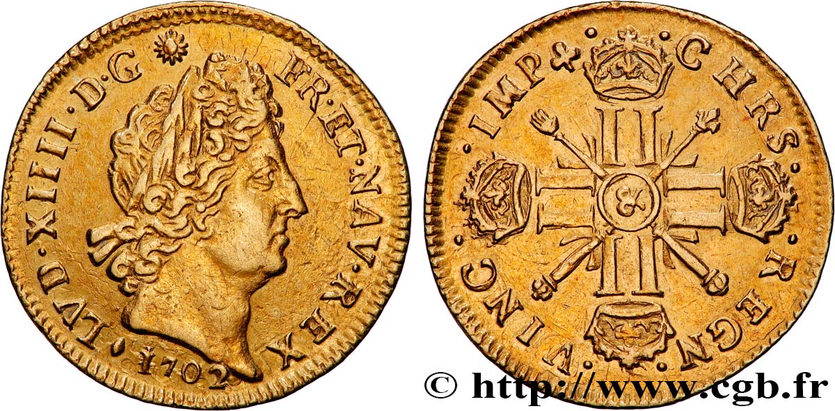 LOUIS XIV  THE SUN KING  Louis d’or aux huit L et aux insignes 1702 Aix-en-Provence MBC+