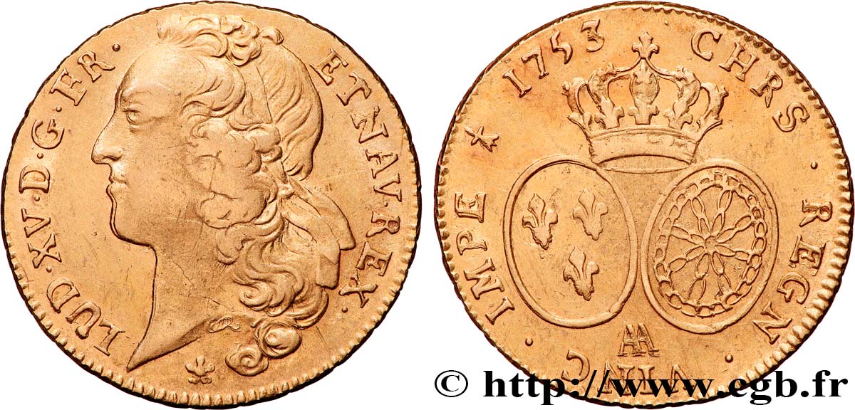 LOUIS XV  THE WELL-BELOVED  Double louis d’or aux écus ovales, tête ceinte d’un bandeau 1753 Metz VF/XF