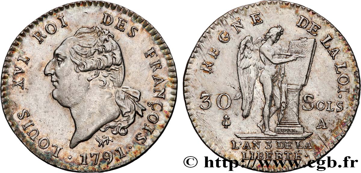 LOUIS XVI 30 sols dit  au génie , type FRANÇOIS 1791 Paris AU