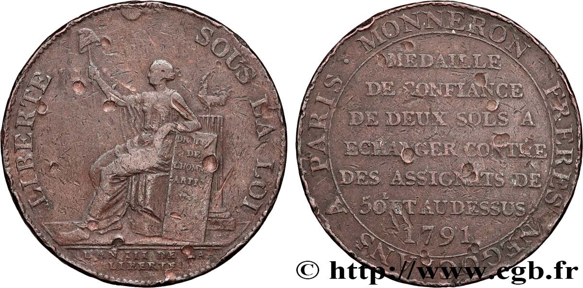 REVOLUTION COINAGE Monneron de 2 sols à la Liberté 1791 Birmingham, Soho fSS