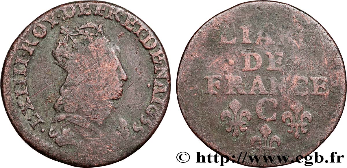 LOUIS XIV LE GRAND OU LE ROI SOLEIL Liard de cuivre, 2e type 1655 Caen TB+