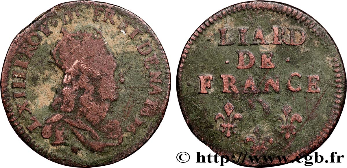 LOUIS XIV  THE SUN KING  Liard de cuivre, 2e type 1656 Vimy-en-Lyonnais (actuellement Neuville-sur-Saône) VF/VF