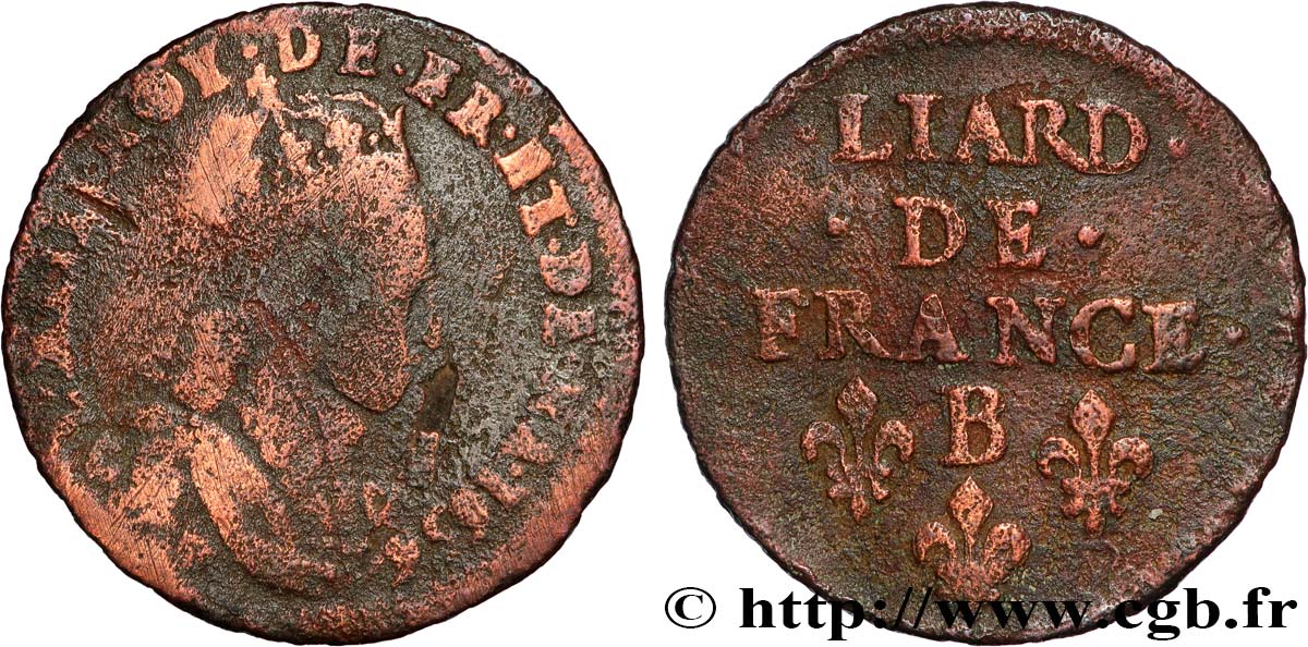 LOUIS XIV  THE SUN KING  Liard de cuivre, 2e type 1656 Pont-de-l’Arche VF