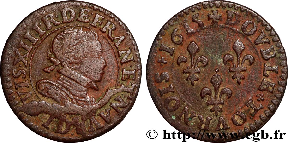 LOUIS XIII Double tournois de Lyon, type 1 1615 Lyon XF