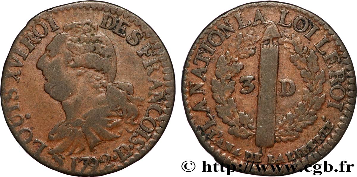 LOUIS XVI 3 deniers dit  au faisceau , type FRANCOIS 1792 Lyon VF