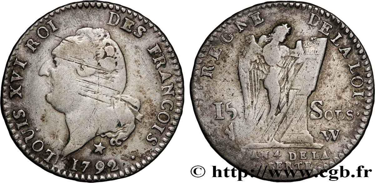 LOUIS XVI (MONARQUE CONSTITUTIONNEL)  15 sols dit  au génie , type FRANCOIS 1792 Lille TB+