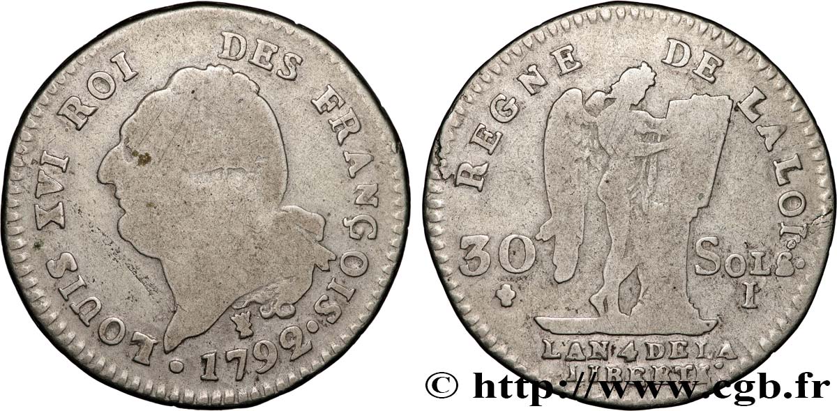 LOUIS XVI 30 sols dit  au génie , type FRANÇOIS 1792 Limoges q.BB