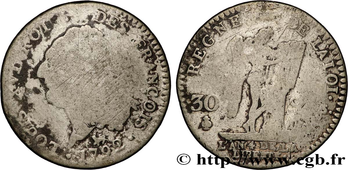 LOUIS XVI (MONARQUE CONSTITUTIONNEL)  30 sols dit  au génie , type FRANÇOIS 1792 Paris B+