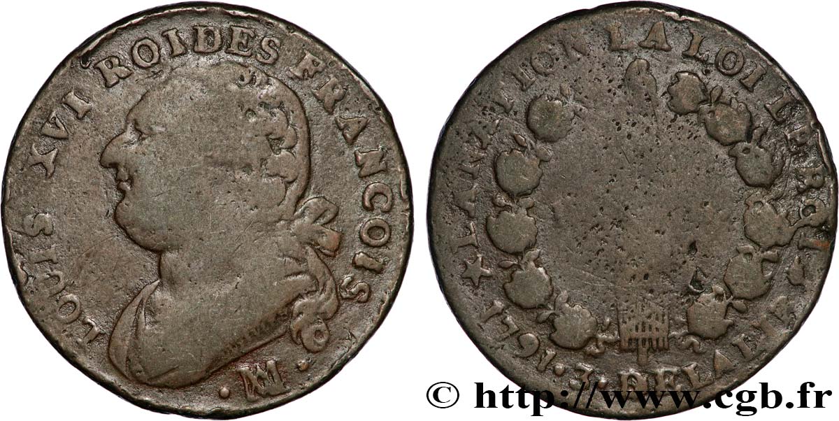 LOUIS XVI 12 deniers dit  au faisceau , type FRANCOIS 1791 Marseille VF