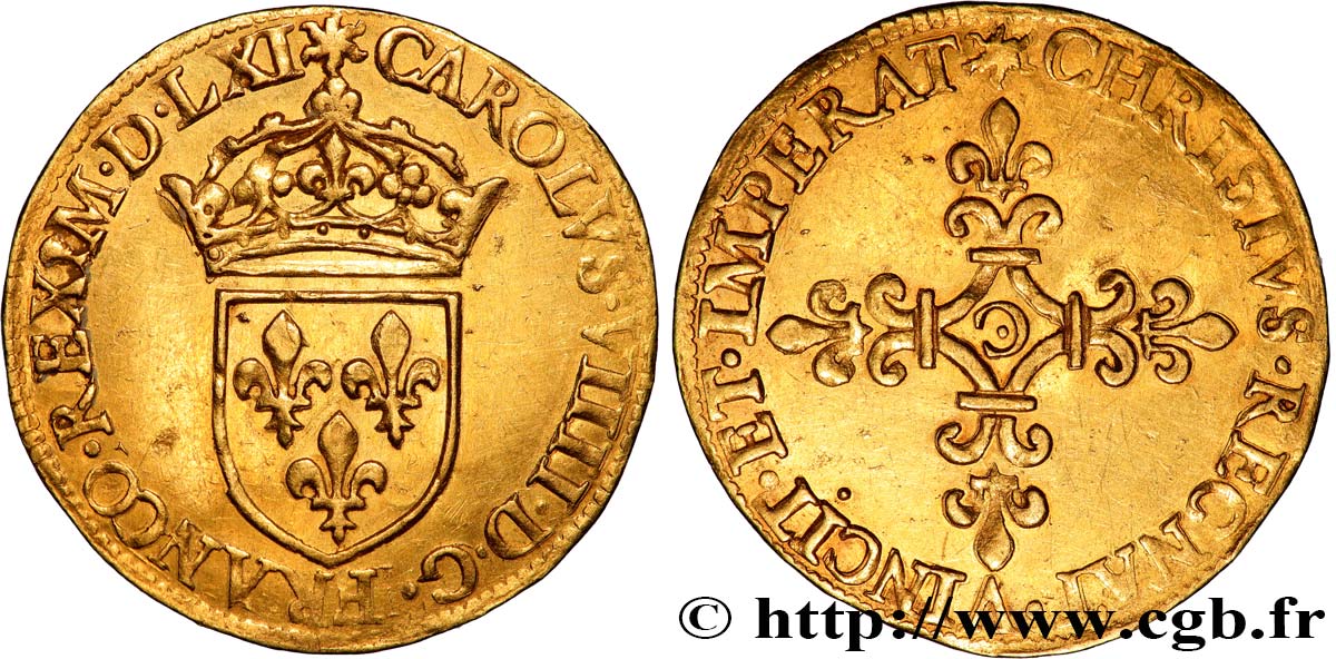 CHARLES IX Écu d or au soleil, 1er type 1561 Saint-Lô q.SPL