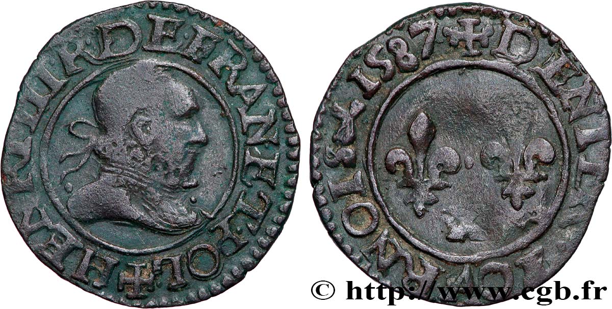 HENRI III Denier tournois, type d’Amiens 1587 Amiens TTB