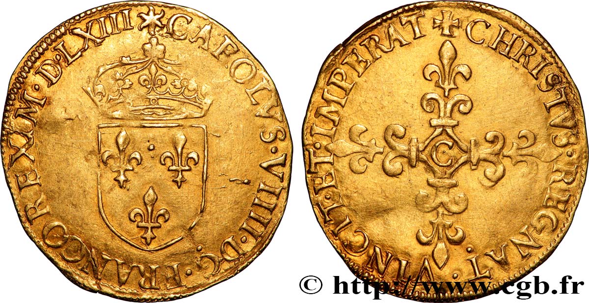 CHARLES IX Écu d or au soleil, 1er type 1563 Saint-Lô AU