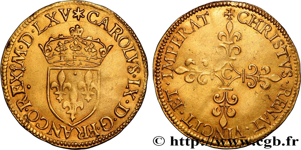 CHARLES IX Écu d or au soleil, 1er type 1565 Saint-Lô SUP/TTB+