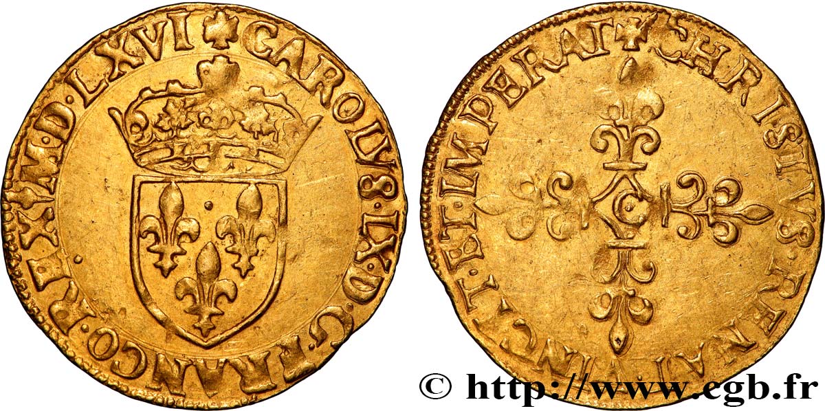 CHARLES IX Écu d or au soleil, 1er type 1566 Saint-Lô SUP/TTB+