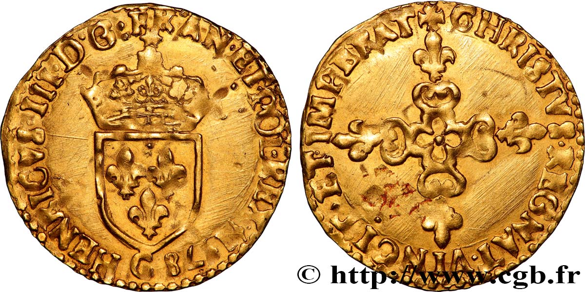 HENRY III Écu d or au soleil, 1er type 1578 Saint-Lô AU