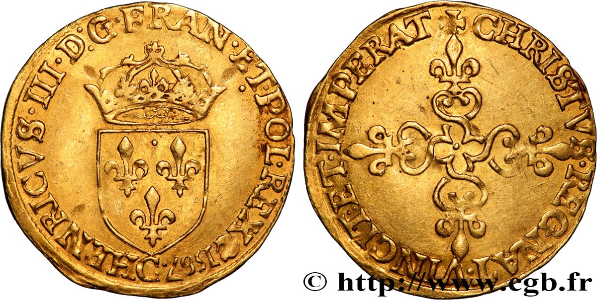 HENRY III Écu d or au soleil, 1er type 1587 Saint-Lô q.SPL