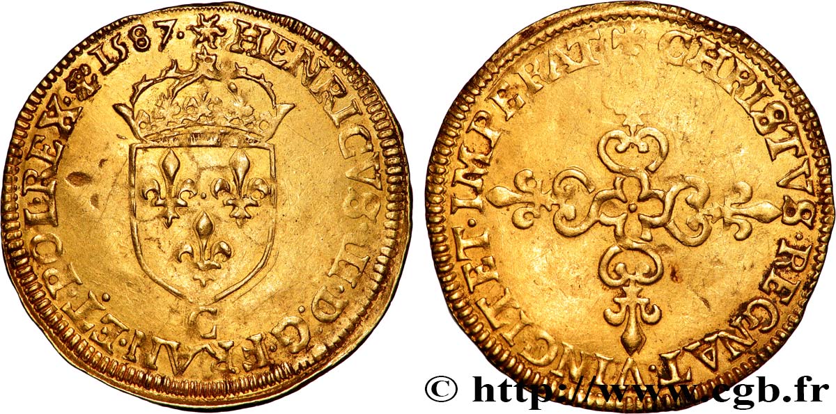 HENRY III Écu d or au soleil, 1er type 1587 Saint-Lô MBC+