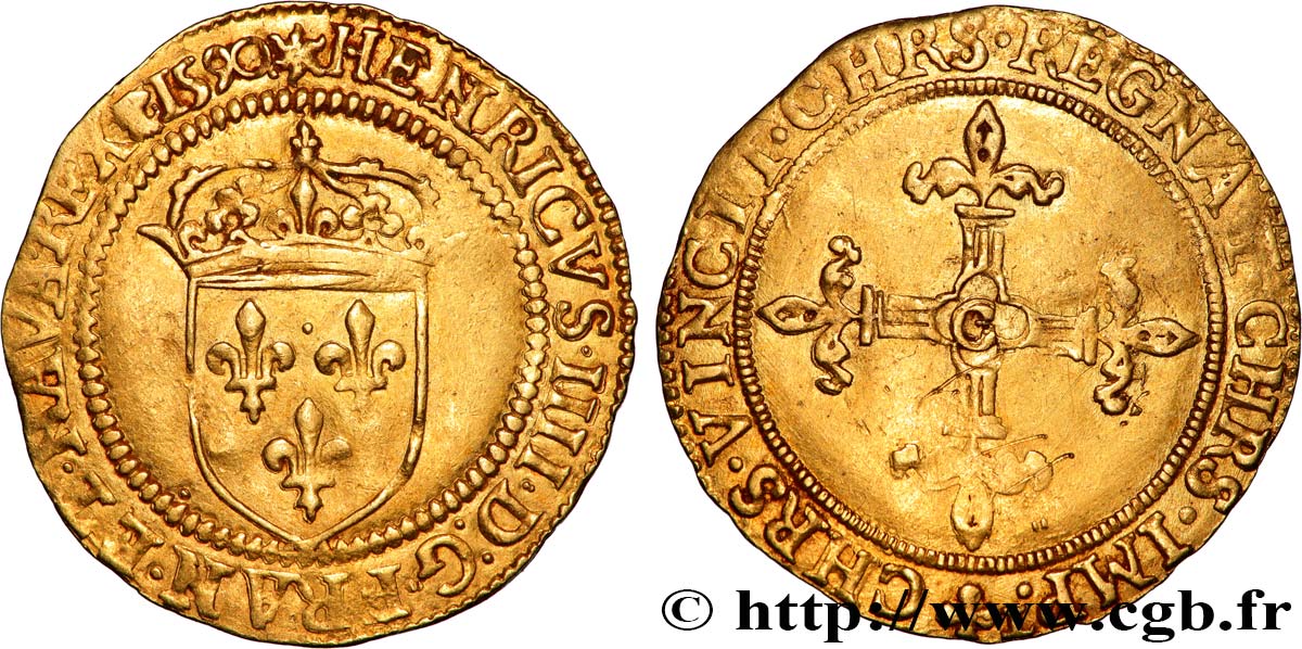 HENRI IV LE GRAND Écu d or au soleil, 4e type 1590 Saint-Lô TTB+