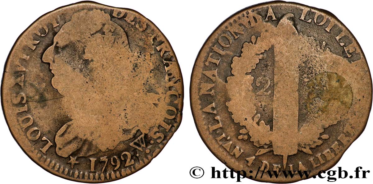 LOUIS XVI 2 sols dit  au faisceau , type FRANCOIS 1792 Arras VF