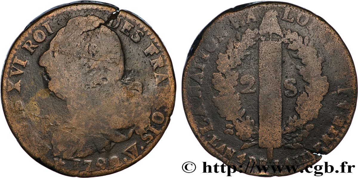 LOUIS XVI 2 sols dit  au faisceau , type FRANCOIS 1792 Lille VF