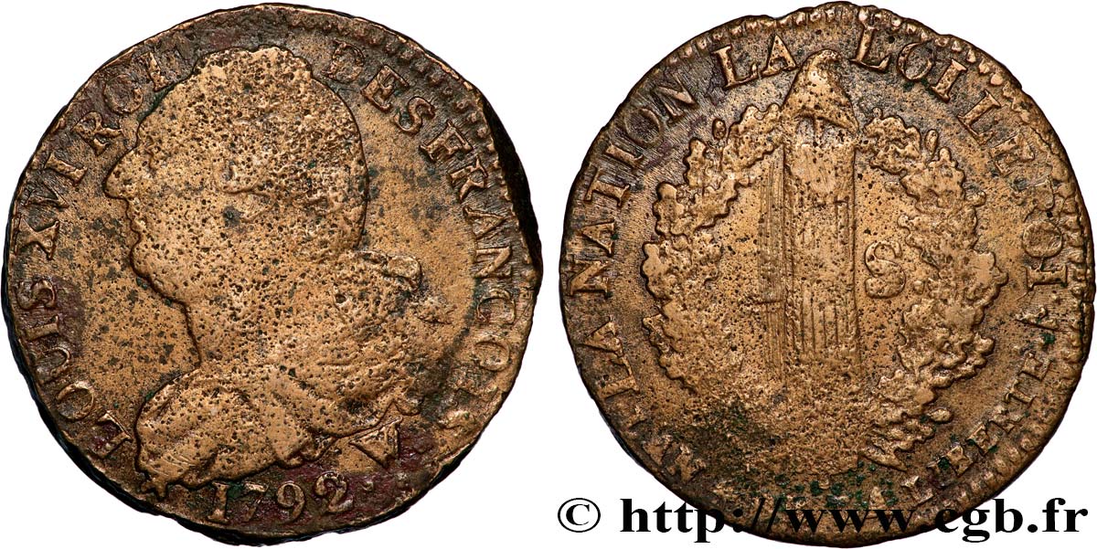 LOUIS XVI 2 sols dit  au faisceau , type FRANÇOIS 1792 Arras VF