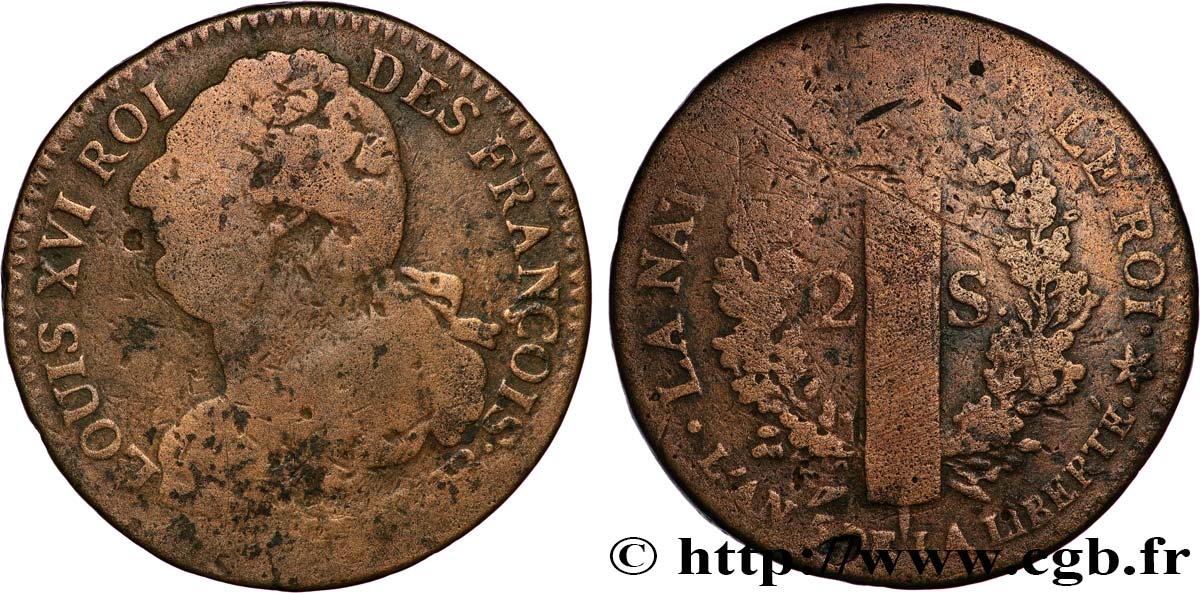 LOUIS XVI 2 sols dit  au faisceau , type FRANÇAIS 1793 Strasbourg BC