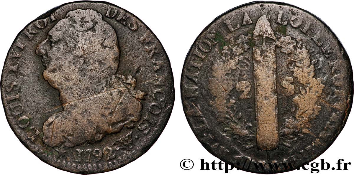 LOUIS XVI 2 sols dit  au faisceau , type FRANÇOIS 1792 Arras BC+