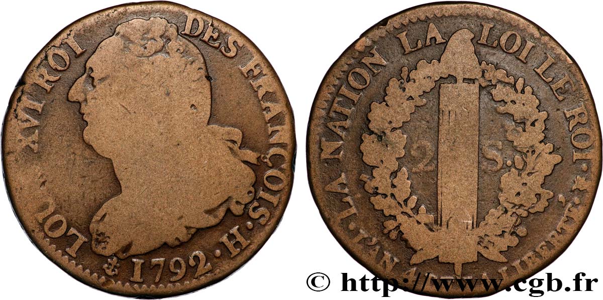 LOUIS XVI (MONARQUE CONSTITUTIONNEL)  2 sols dit  au faisceau , type FRANÇOIS 1792 La Rochelle TB