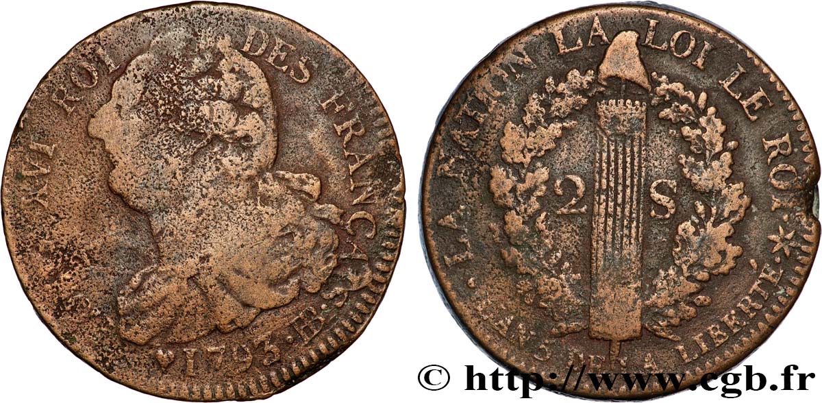 LOUIS XVI 2 sols dit  au faisceau , type FRANÇAIS 1793 Strasbourg fSS