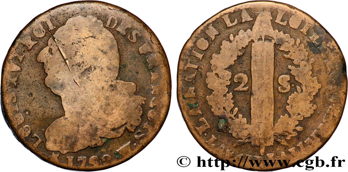 LOUIS XVI 2 sols dit  au faisceau , type FRANCOIS 1792 Lille MB