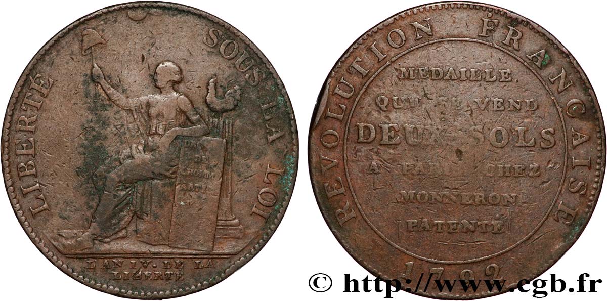 REVOLUTION COINAGE / CONFIANCE (MONNAIES DE…) Monneron de 2 sols à la Liberté 1792 Birmingham, Soho VF