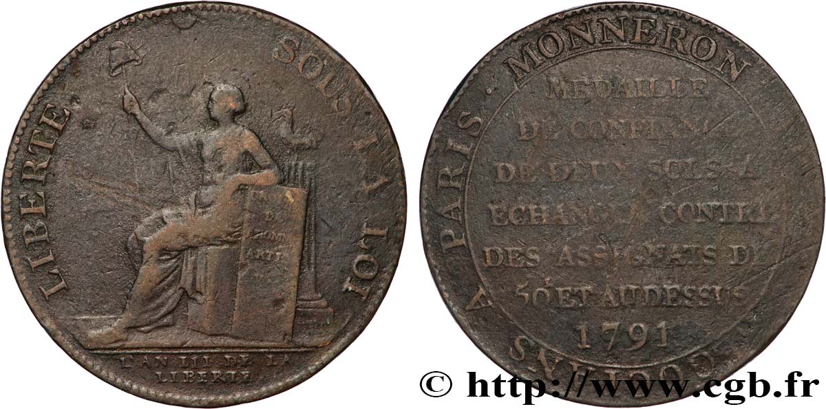 REVOLUTION COINAGE Monneron de 2 sols à la Liberté 1792 Birmingham, Soho VF