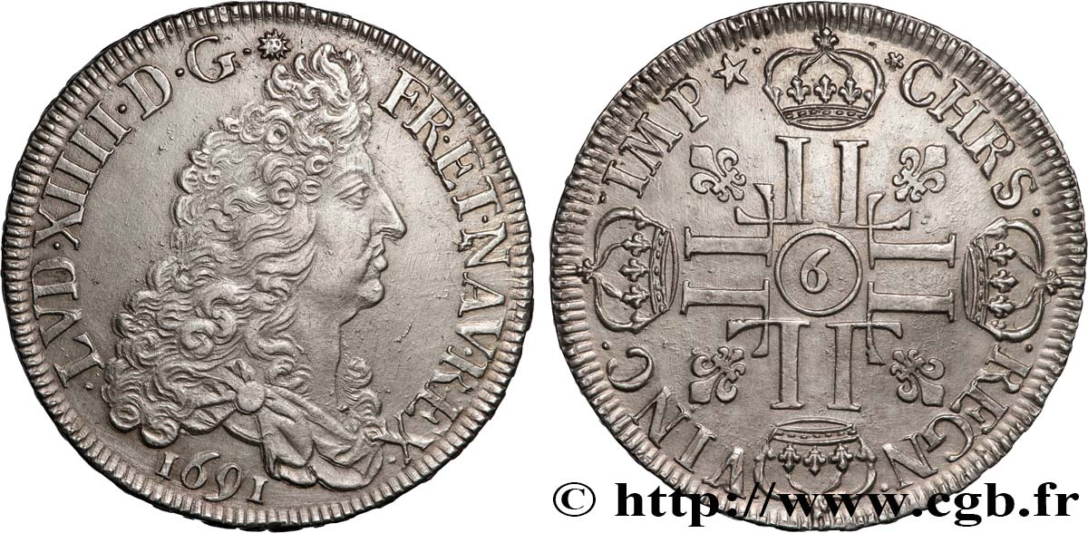 LOUIS XIV LE GRAND OU LE ROI SOLEIL Écu aux huit L, 1er type 1691 Rennes SUP