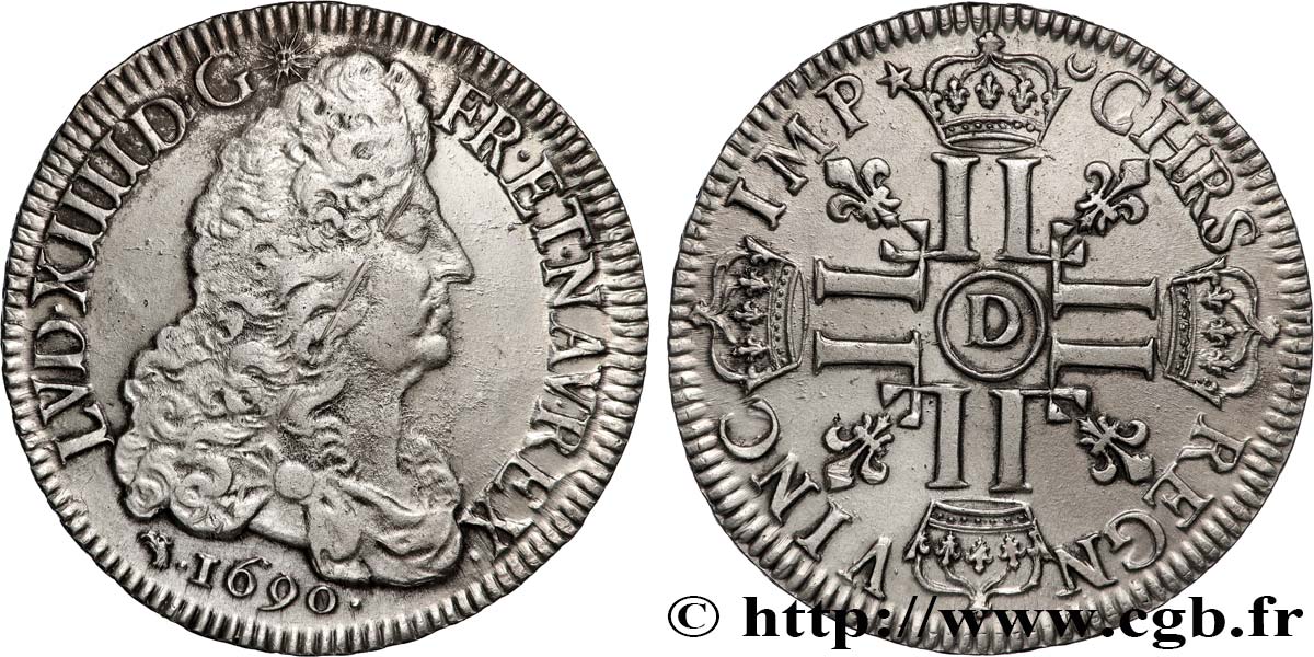 LOUIS XIV  THE SUN KING  Écu aux huit L, 1er type 1690 Lyon MBC/MBC+