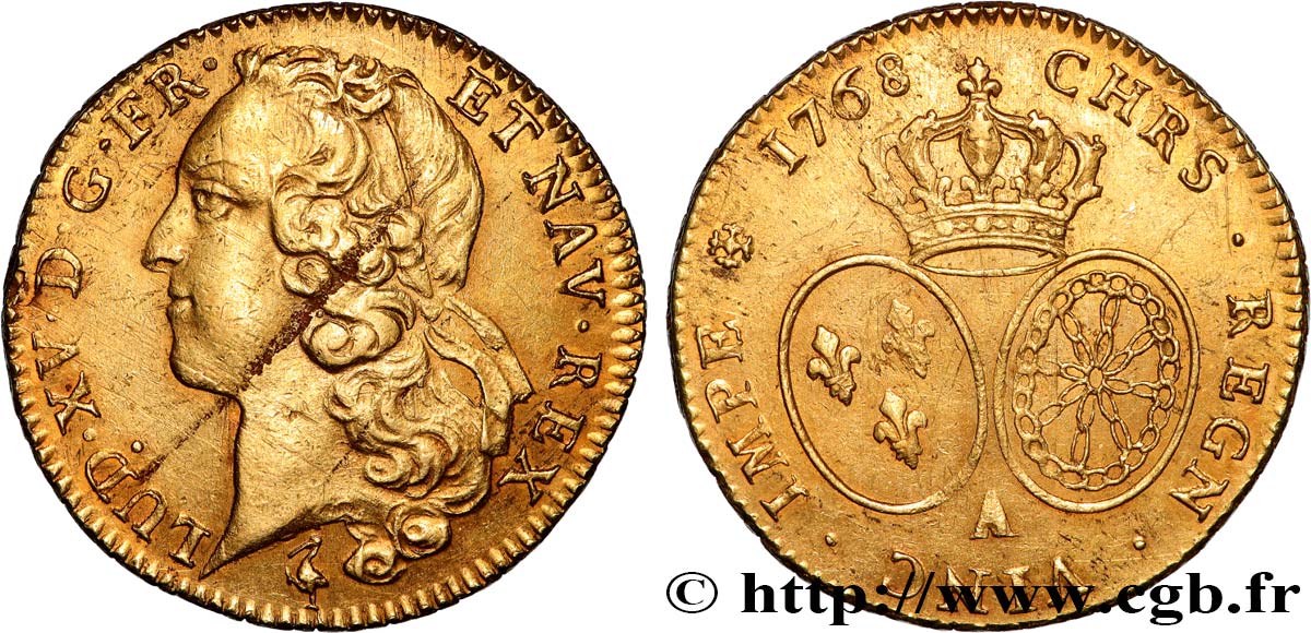 LOUIS XV DIT LE BIEN AIMÉ Double louis d’or aux écus ovales, tête ceinte d’un bandeau 1768 Paris TTB/TTB+