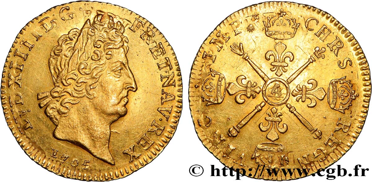 LOUIS XIV  THE SUN KING  Louis aux insignes 1705 Paris EBC