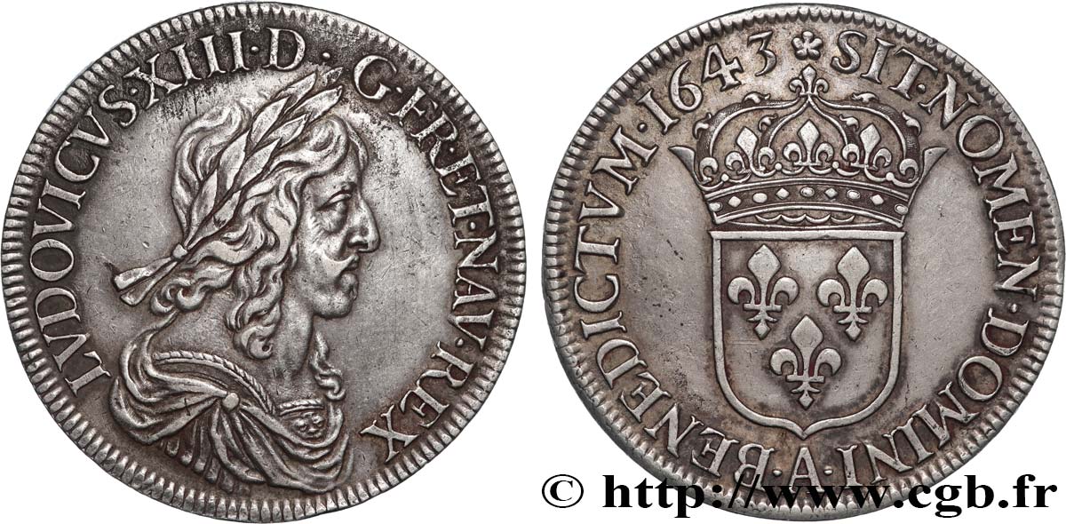 LOUIS XIII LE JUSTE Écu, buste drapé et cuirassé (2e buste de Jean Warin) 1643 Paris, Monnaie de Matignon SUP