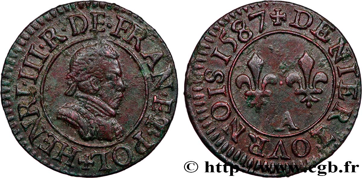 HENRY III Denier tournois, 1er type de Paris 1587 Paris, Moulin des Étuves VZ