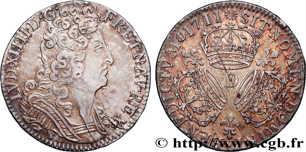 LOUIS XIV  THE SUN KING  Quart d écu aux trois couronnes 1711 Lyon SS