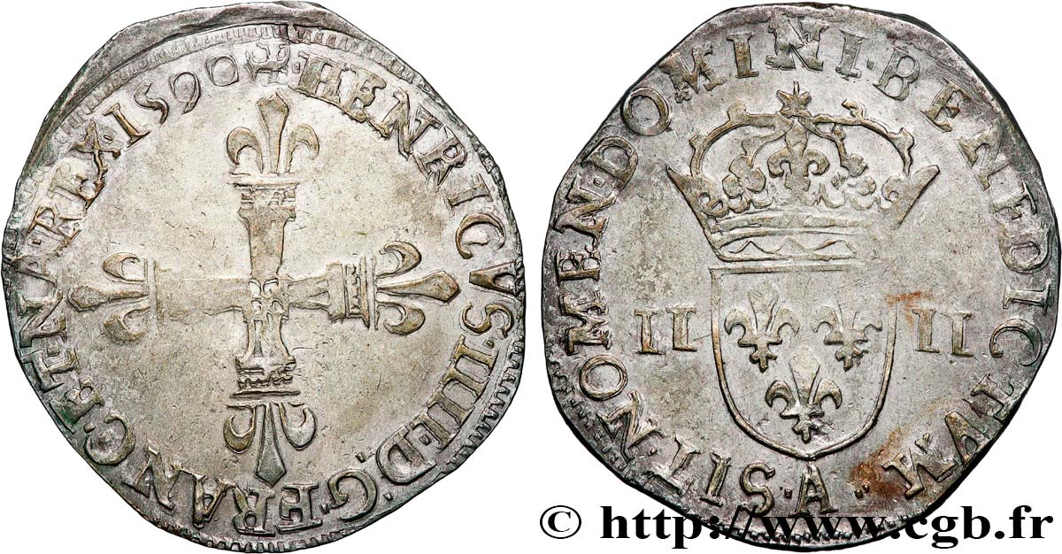 HENRY IV Quart d écu, croix batonnée et fleurdelisée de face 1590 Compiègne XF