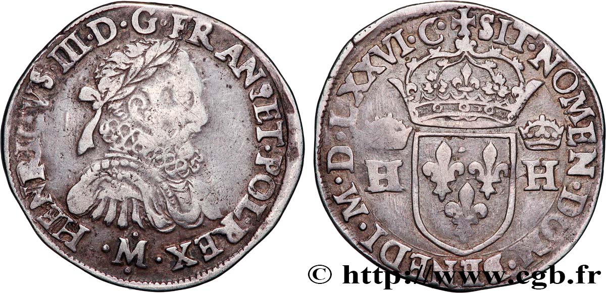 HENRY III Teston, 3e type, col fraisé 1576 Toulouse VF