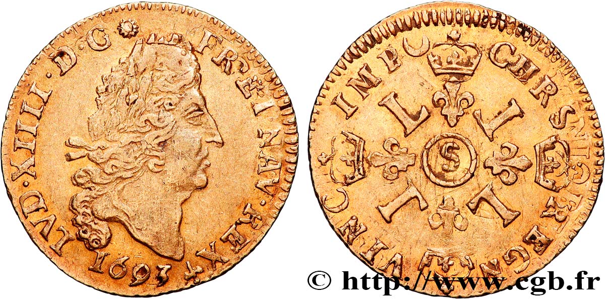 LOUIS XIV  THE SUN KING  Demi-louis d or aux quatre L 1693 Reims MBC+