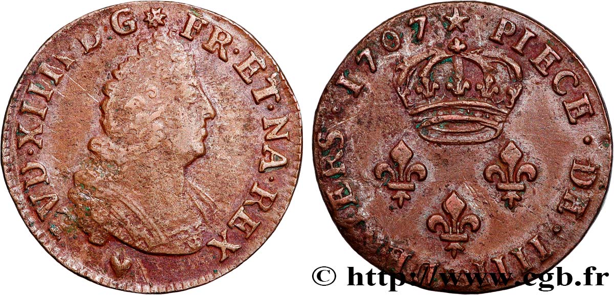 LOUIS XIV  THE SUN KING  IIII deniers 1707 Strasbourg SS/fVZ