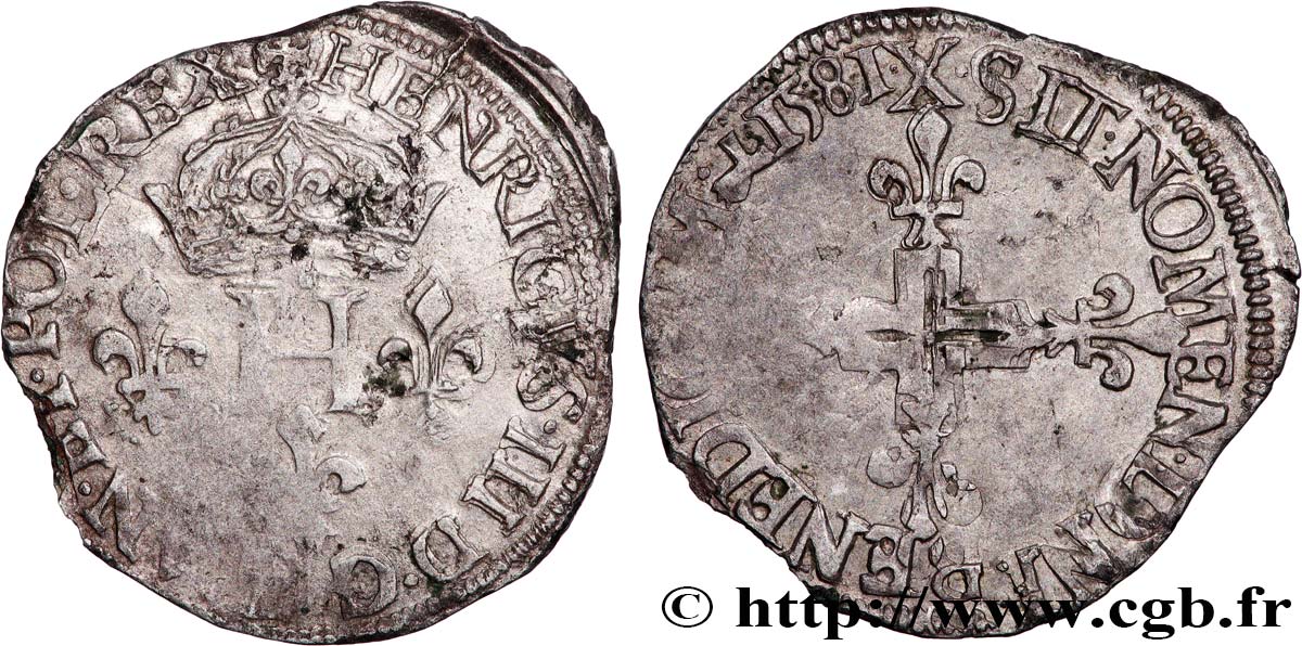 HENRY III Double sol parisis, 2e type 1581 Amiens BC+